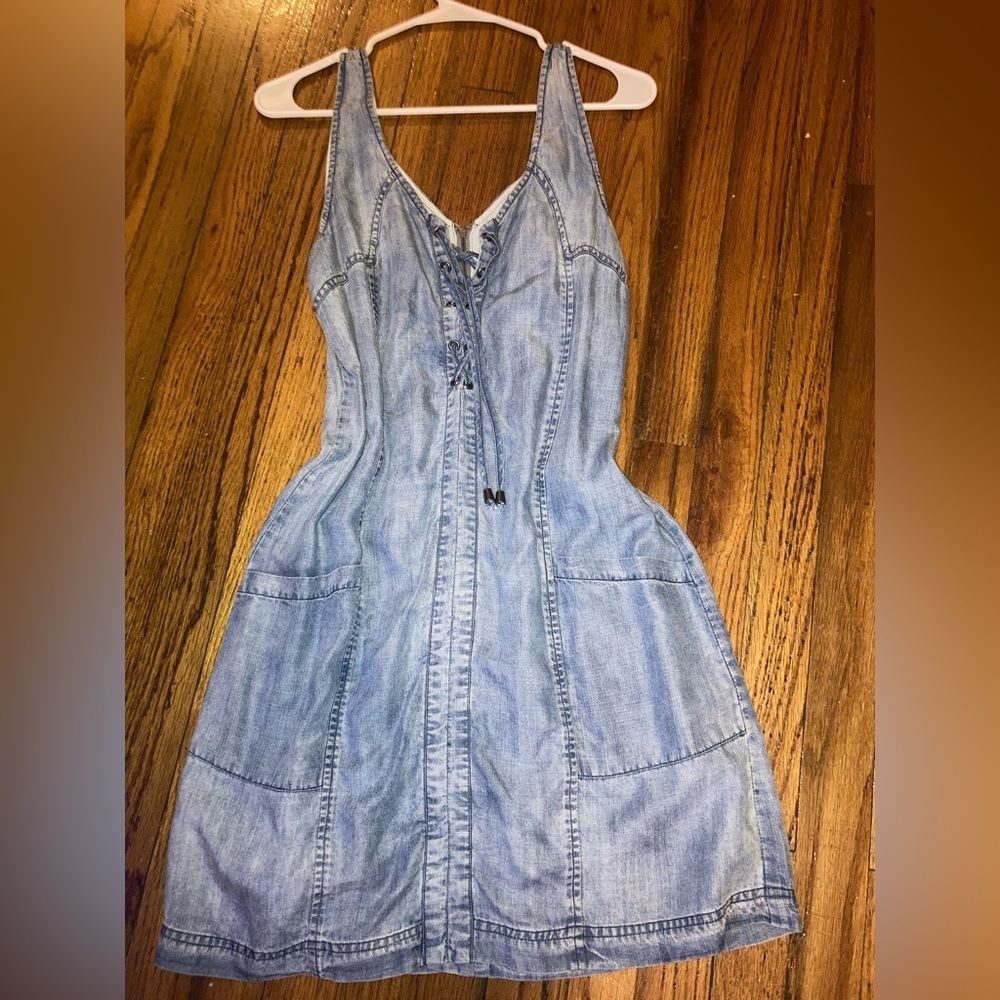 SOLD Miss Me Y2K lace up denim dress with pockets v neck zip up back NYE dress
